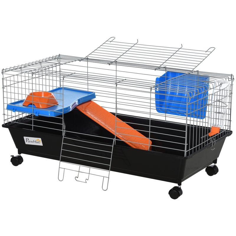 PawHut Small Animal Cage, Rolling Dwarf Bunny Cage, Guinea Pig Cage with Food Dish, Water Bottle, Hay Feeder, Platform, Ramp for Chinchilla