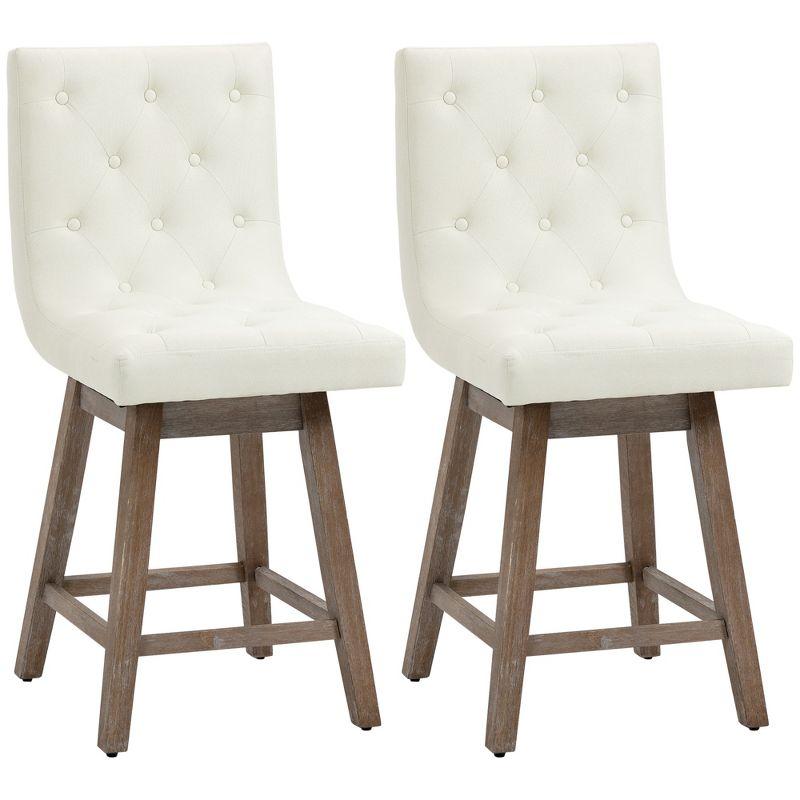 HOMCOM Bar Stools Set of 2, Swivel Bar Chairs, 25.5" High Fabric Tufted Breakfast Barstools for Kitchen Counter