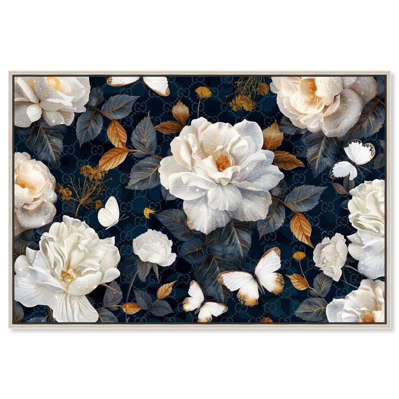 Art Remedy Navy Elegance Floral Elegant realistic Floral Wall Art, 54" x 36", Silver Frame