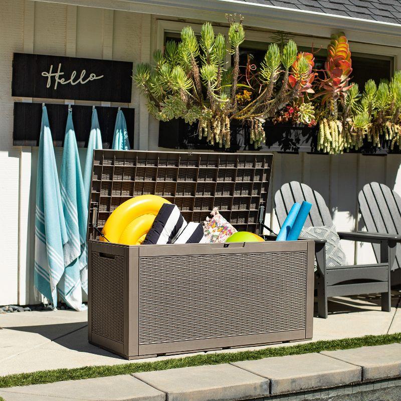 Sunnydaze Outdoor Deck and Patio Storage Box with Rattan Design - 100 Gal. - Driftwood