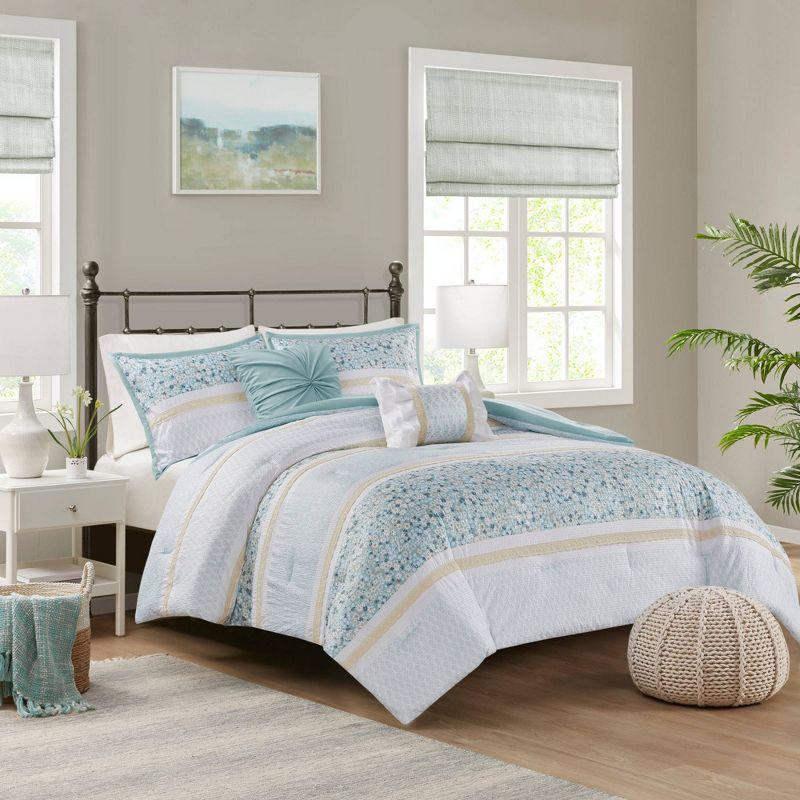 Aqua Seersucker Floral Full Comforter Set with Throw Pillows