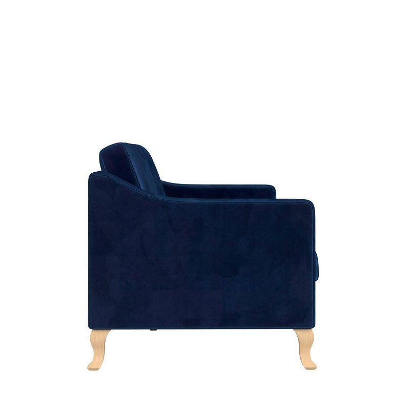 Luxe Blue Velvet Tufted Sofa with Sloped Arms and Wood Accents