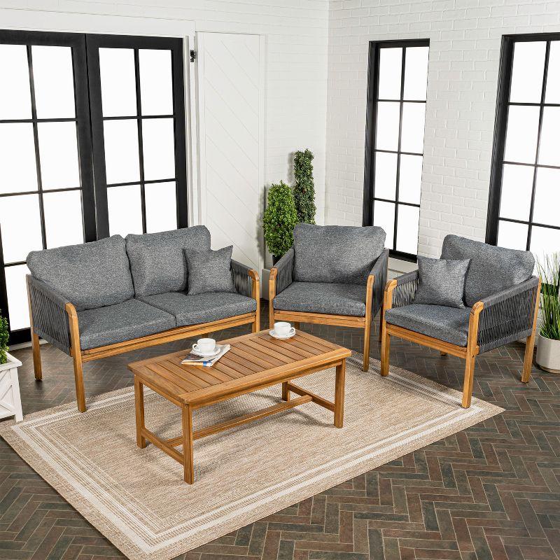 Tavira 4-Piece Modern Bohemian Acacia Wood Outdoor Patio Set with Cushions and Plain Decorative Pillows - JONATHAN Y