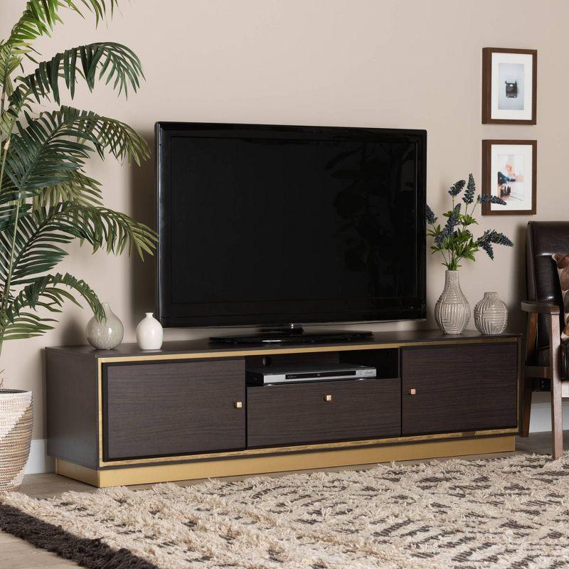 Cormac Wood and Metal 2 Door TV Stand for TVs up to 60" Dark Brown - Baxton Studio: Media Console with Cable Management