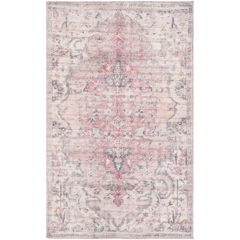 Ivory and Beige Pink Rectangular Washable Medallion Rug