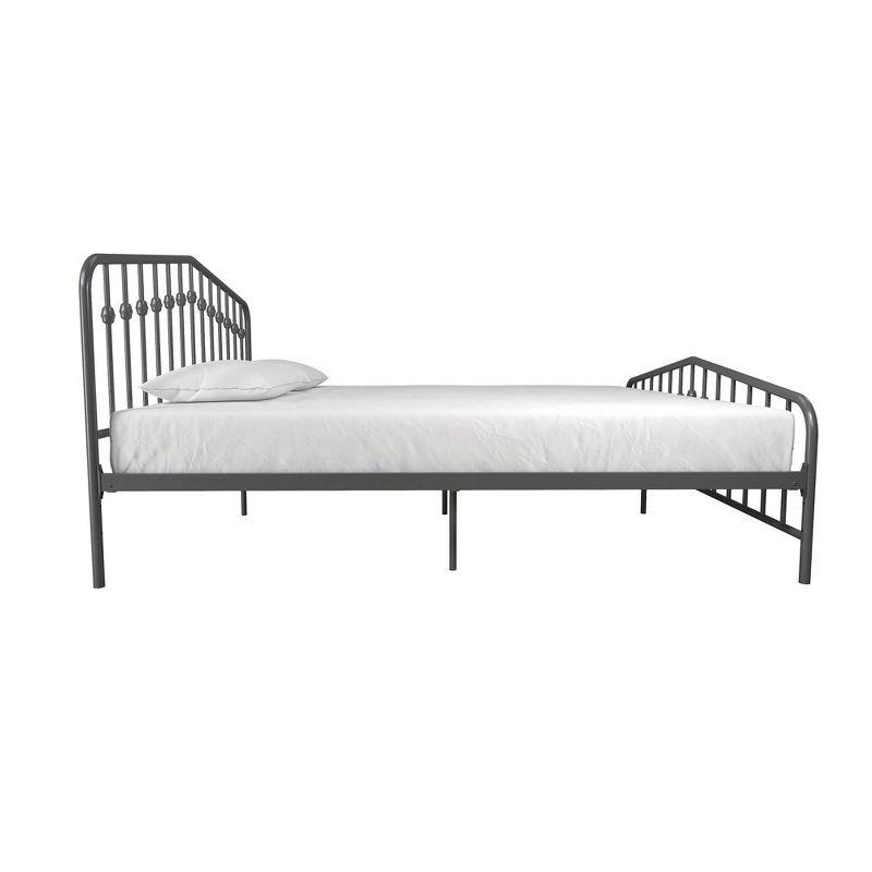 King-Size Gunmetal Gray Metal Bed with Upholstered Headboard and Storage Drawer