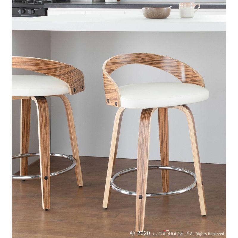 Zebra Wood and White Faux Leather Swivel Counter Stools, Set of 2