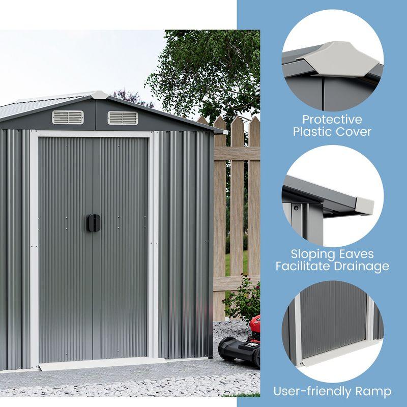 Costway 6 x 4 FT Outdoor Storage Shed Galvanized Steel Shed with Sliding Doors Wood Grain Natural/Grey