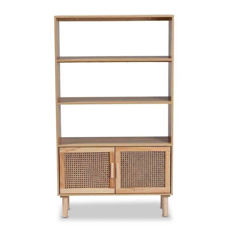 55.1" Faulkner Natural Wood Rattan 2 Door Bookcase Brown - Baxton Studio: Mid-Century Design, 3 Shelves