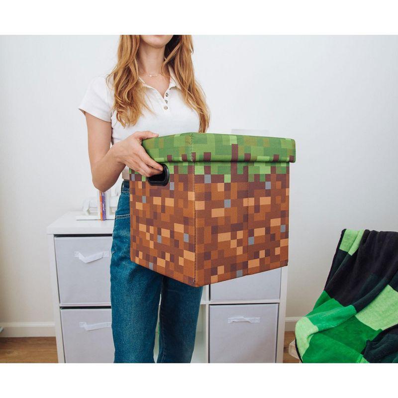 Ukonic Minecraft Grassy Block Fabric Storage Bin Cube Organizer with Lid | 13 Inches