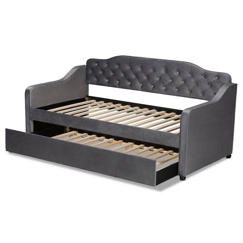 Twin Freda Velvet Fabric Upholstered Button Tufted Daybed with Trundle Gray - Baxton Studio: Mid-Century Modern, No Box Spring Required