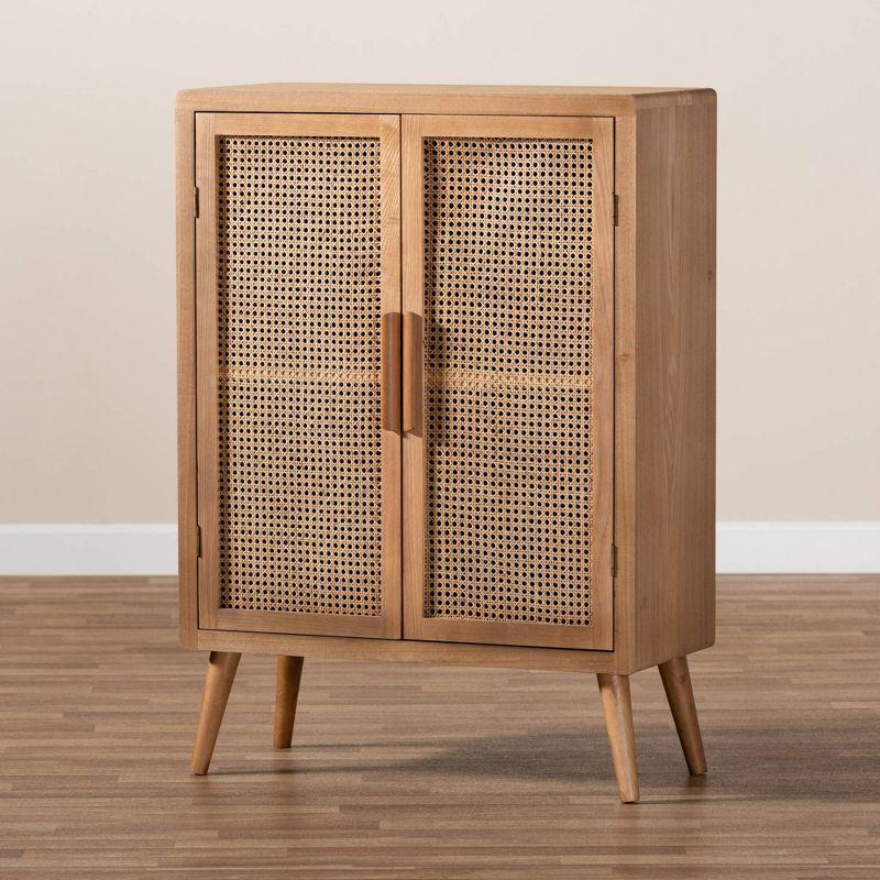 Alina Wood and Rattan 2 Door Accent Storage Cabinet Oak - Baxton Studio: Bohemian Style, Fixed Shelves, No Assembly Required