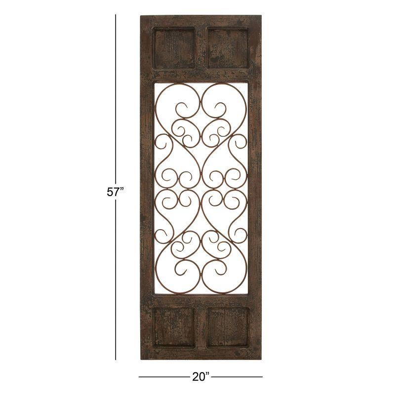 Olivia & May Traditional Wood Scroll Window Inspired Wall Decor with Metal Scrollwork Relief Brown: Vertical Iron Frame, Carved Art Object