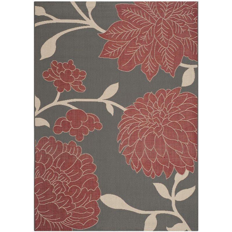 Anthracite and Red Floral Synthetic Outdoor Area Rug