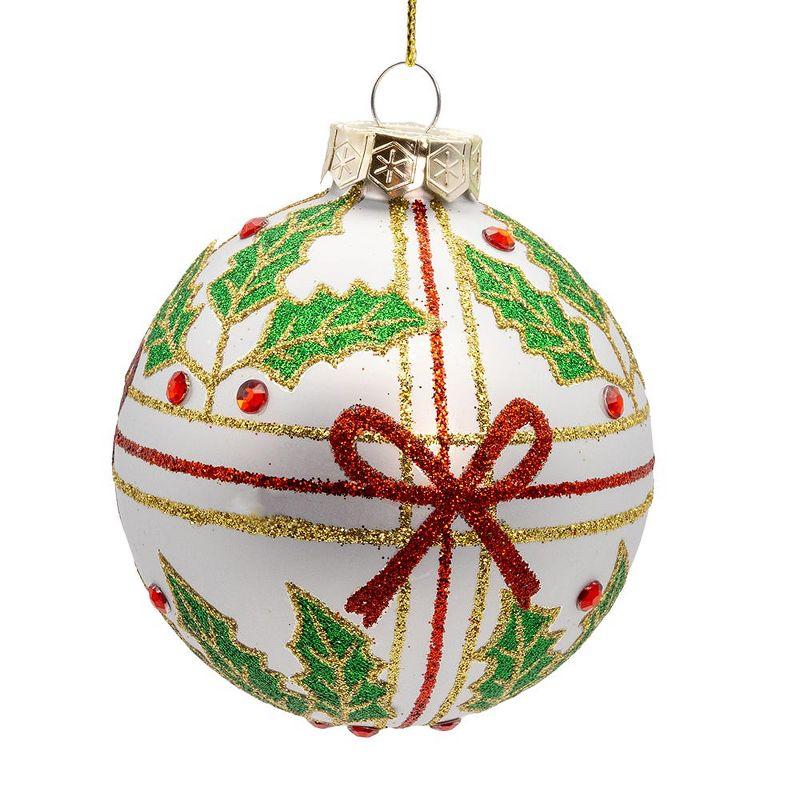 Classic White Glass Holly and Bow Christmas Ornaments Set of 6