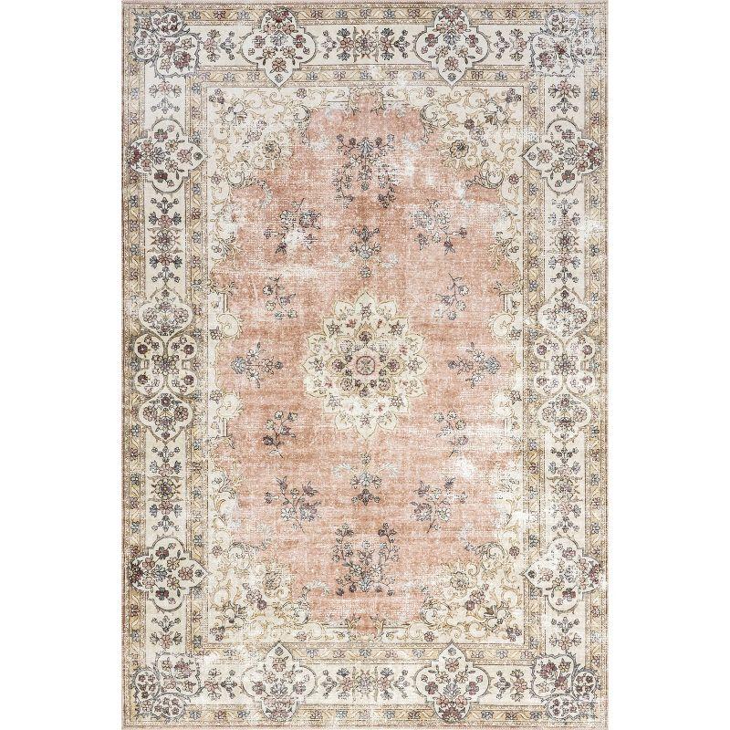 Nuloom Ren Medallion 6 Square Machine Washable Indoor Area Rug for Living Room Bedroom Dining Room Kitchen, Peach/Ivory