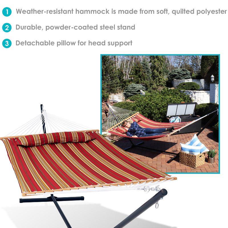 Sunnydaze Outdoor 2-Person Quilted Fabric Hammock with Spreader Bars and Freestanding Stand