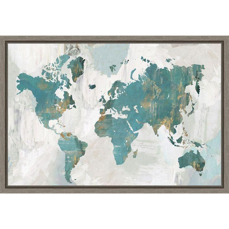 Teal and Gray Framed World Map Canvas Print