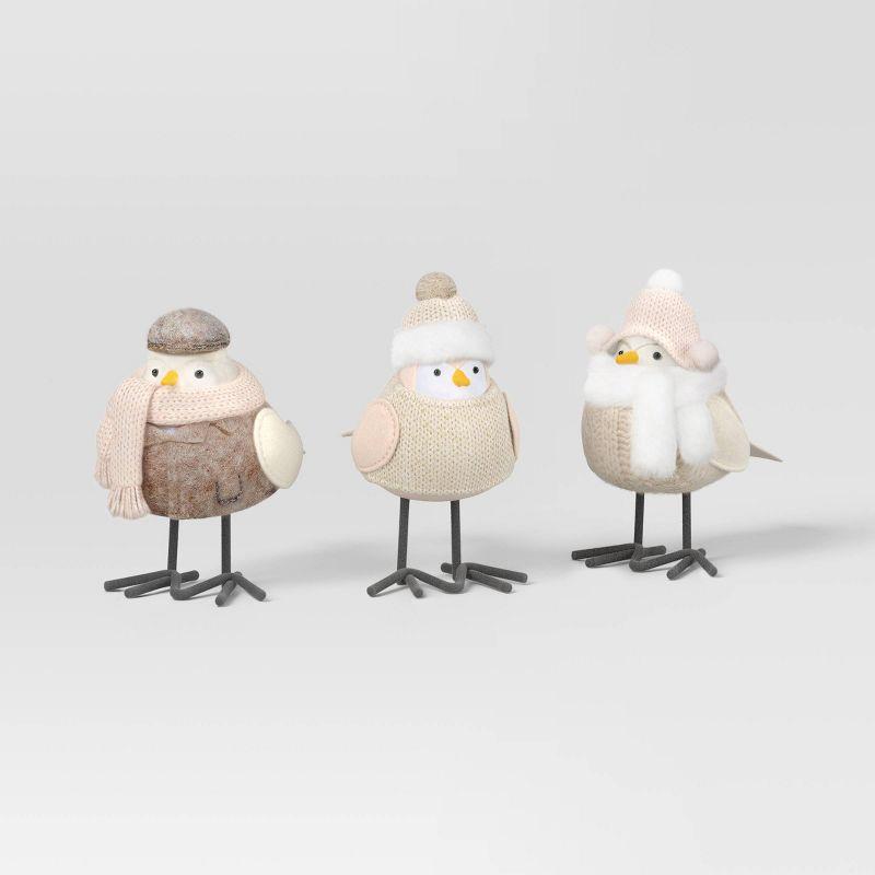 Snowy White Fabric Winter Bird Figurine Set, 3-Piece