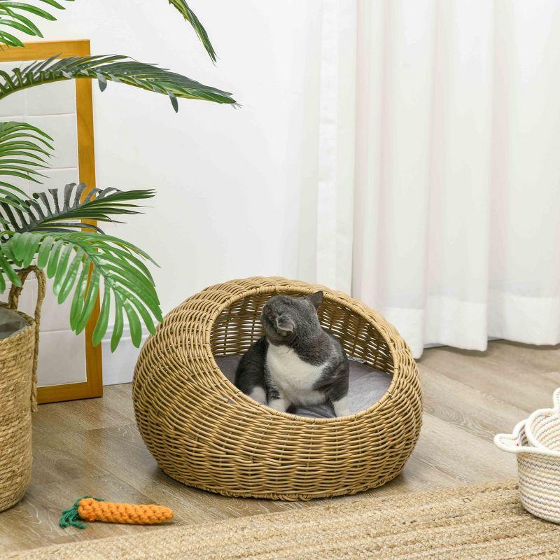 Small Light Brown Rattan Wicker Cat Bed with Cushion