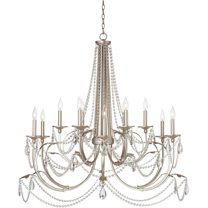 Regency Hill Strand Silver Leaf Chandelier 46" Wide French Beaded Crystal 12-Light Fixture for Dining Room House Foyer Kitchen Island Entryway Bedroom