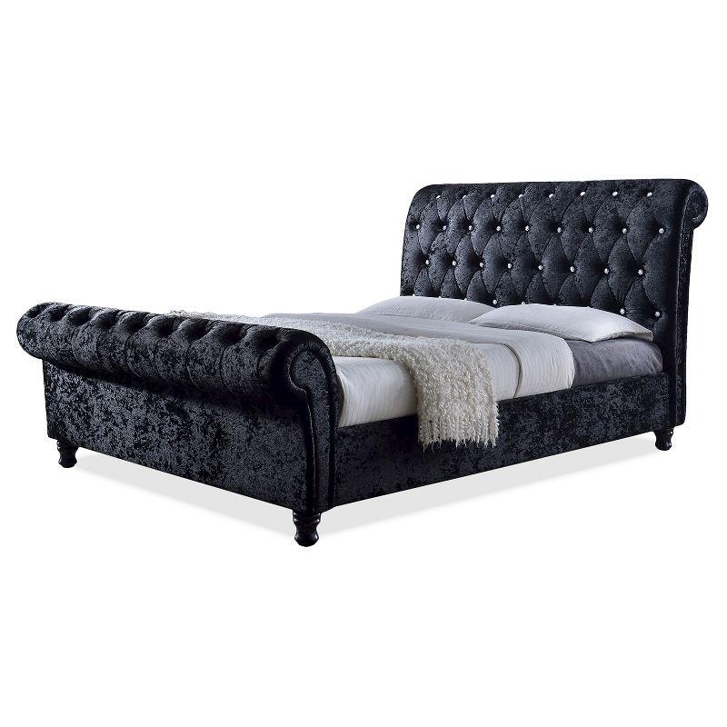 King Castello Velvet Upholstered Faux Crystal Buttoned Sleigh Platform Bed Black - Baxton Studio: Elegant Rubberwood Frame, No Box Spring Needed