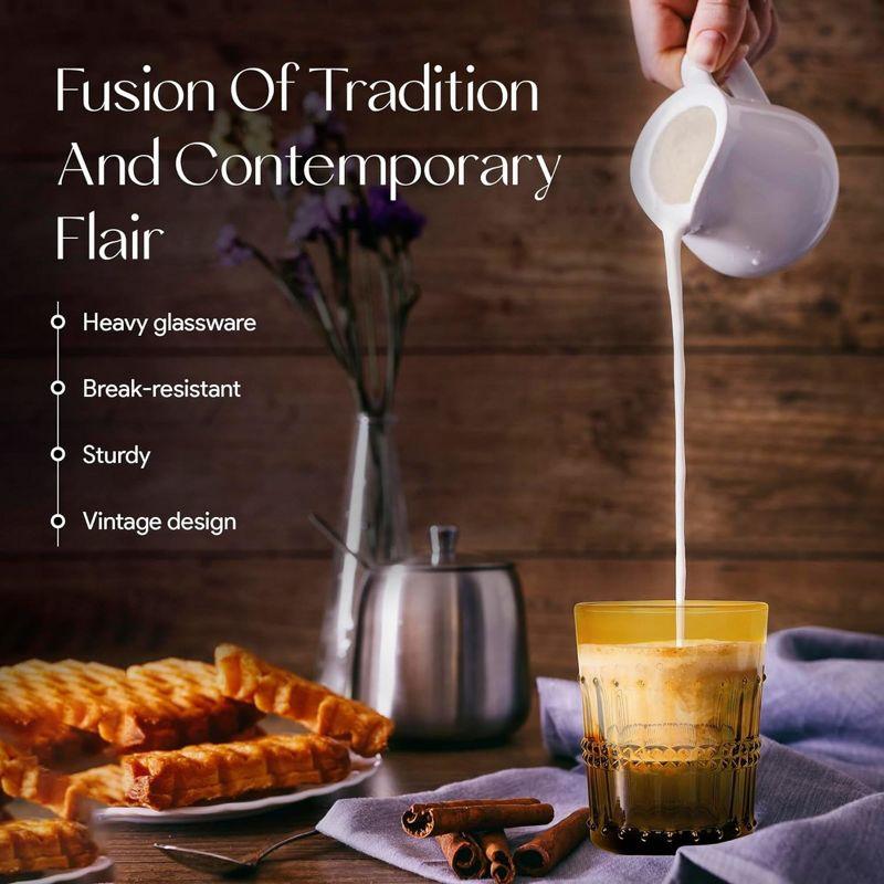 American Atelier Vintage Old Fashion 10 oz. Whiskey Glasses, Romantic Water Tumblers, Barware Glasses for Cocktails, Embossed Beaded, Set of 4, Amber