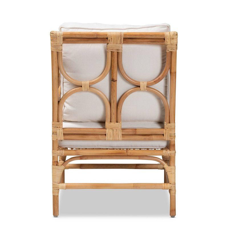 Natural Brown Rattan Armchair with White Cushions