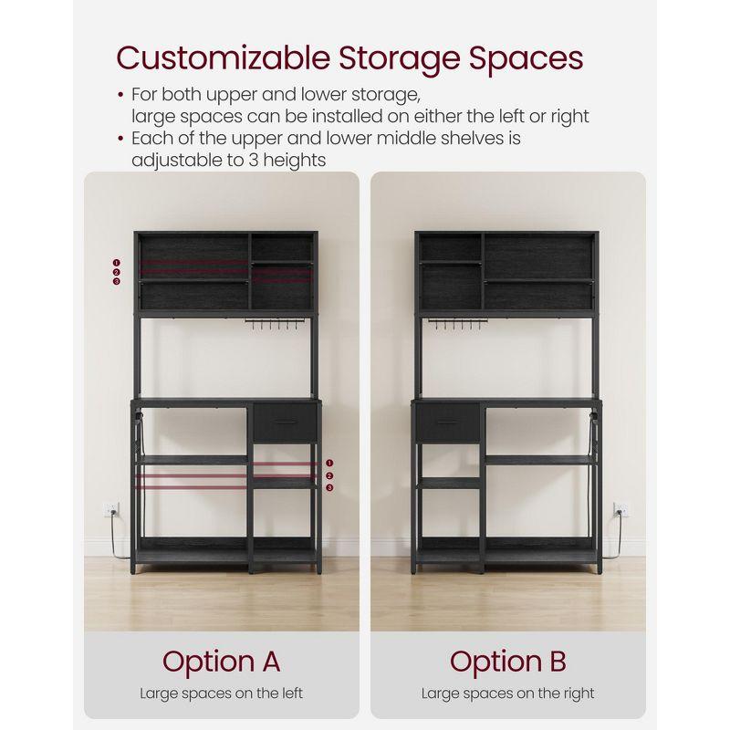 VASAGLE Bakers Rack with Charging Station, Coffee Bar with Adjustable Storage Shelves, 15.7 x 39.4 x 71 Inches, Kitchen Microwave Stand, Charcoal Gray