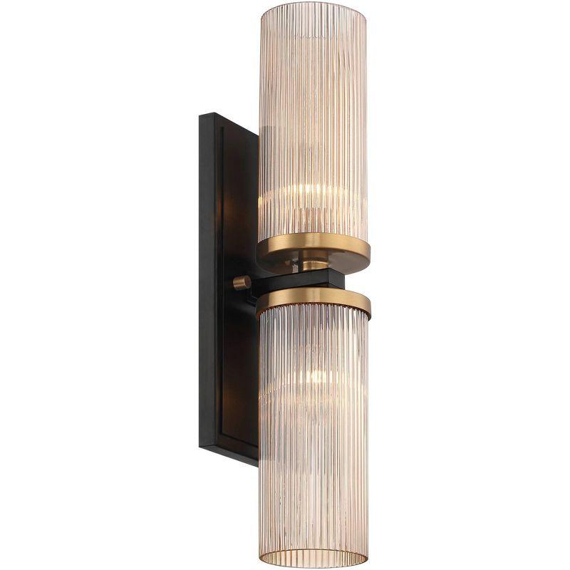 Stiffel Modern Wall Light Sconce Black Brass Hardwired 4 1/4" 2-Light Fixture Ribbed Champagne Glass Shade for Bedroom Bathroom Vanity Living Room