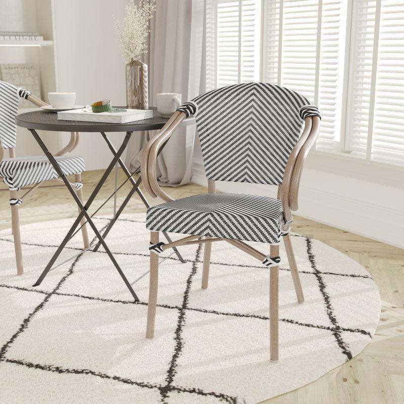 Emma & Oliver Massalia Indoor/Outdoor Stacking Thonet Bistro Chair w/ Arms, Black & White Textilene Seat & LT Natural Bamboo Finished Metal Frame