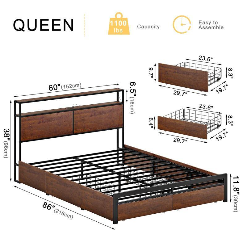 Hausource Modern Queen Bed Frame with LED Headboard, 4 Storage Drawers, No Box Spring Needed