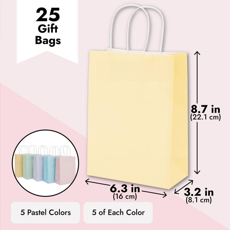 Juvale 25 Pack Pastel Gift Bags with Handles, Paper Party Favor Bags, for Goodies, Birthdays, 5 Colors - 6.3x3.2x8.7 inch