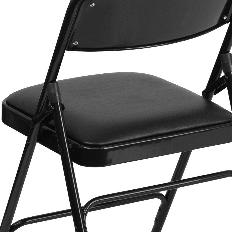 Black Metal Folding Chairs with Padded Vinyl Seats, Set of 2