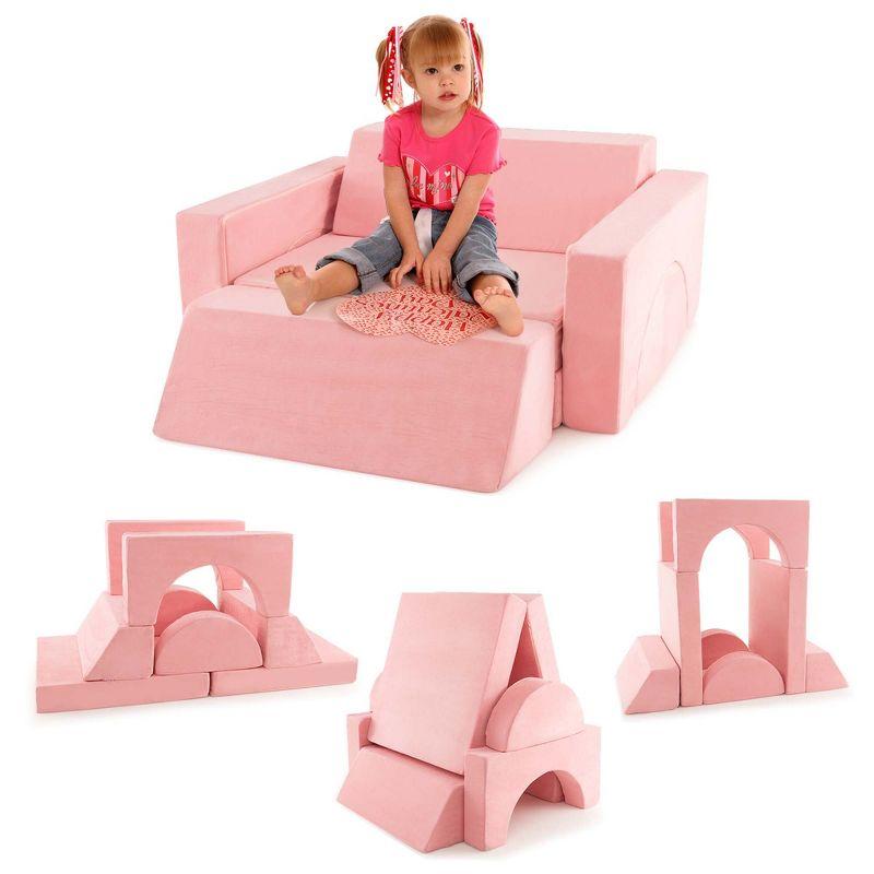 Costway Kids Modular Play Sofa 8 PCS with Detachable Cover for Playroom & Bedroom Indoor Pink