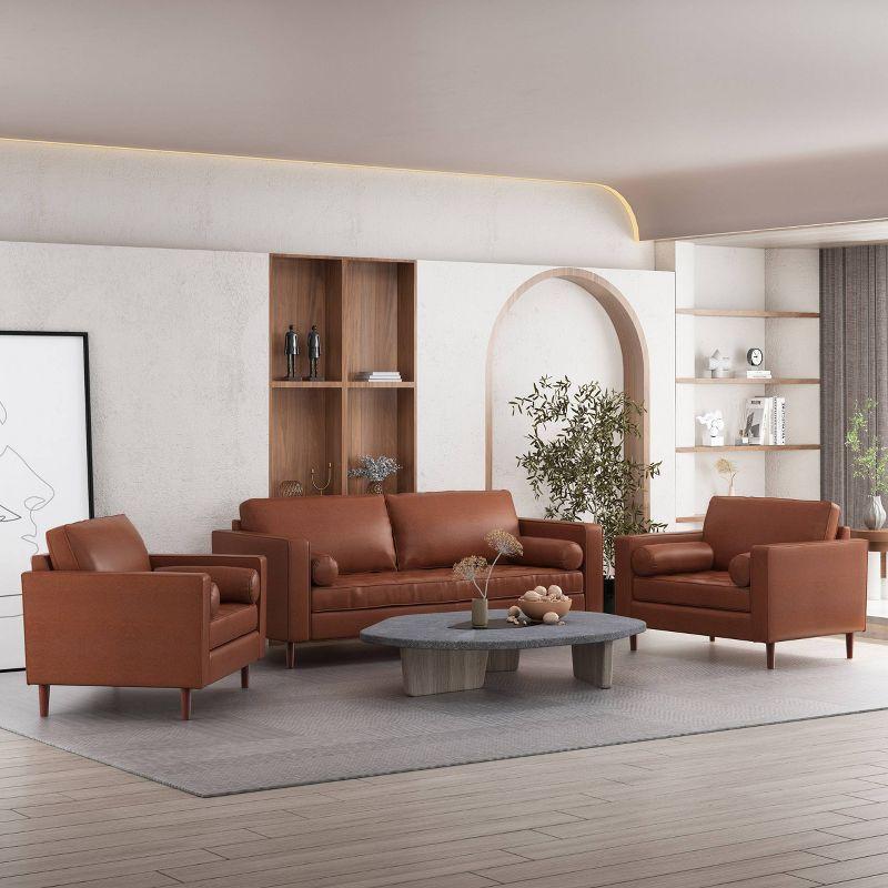 Cognac Brown Faux Leather Tufted 3-Piece Sofa and Club Chair Set