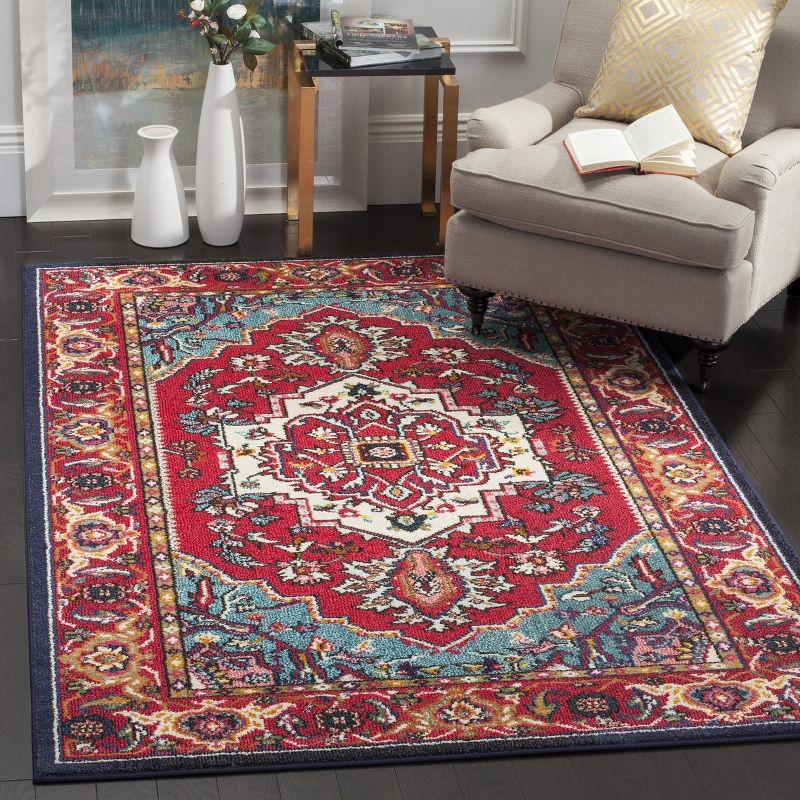 Red and Turquoise Floral Synthetic Area Rug