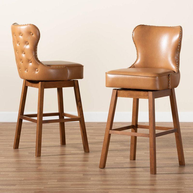 2pc Gradisca Tan Wood Swivel Barstool Set Brown - Baxton Studio: Upholstered, Nailhead Trim, Rectangle Shape