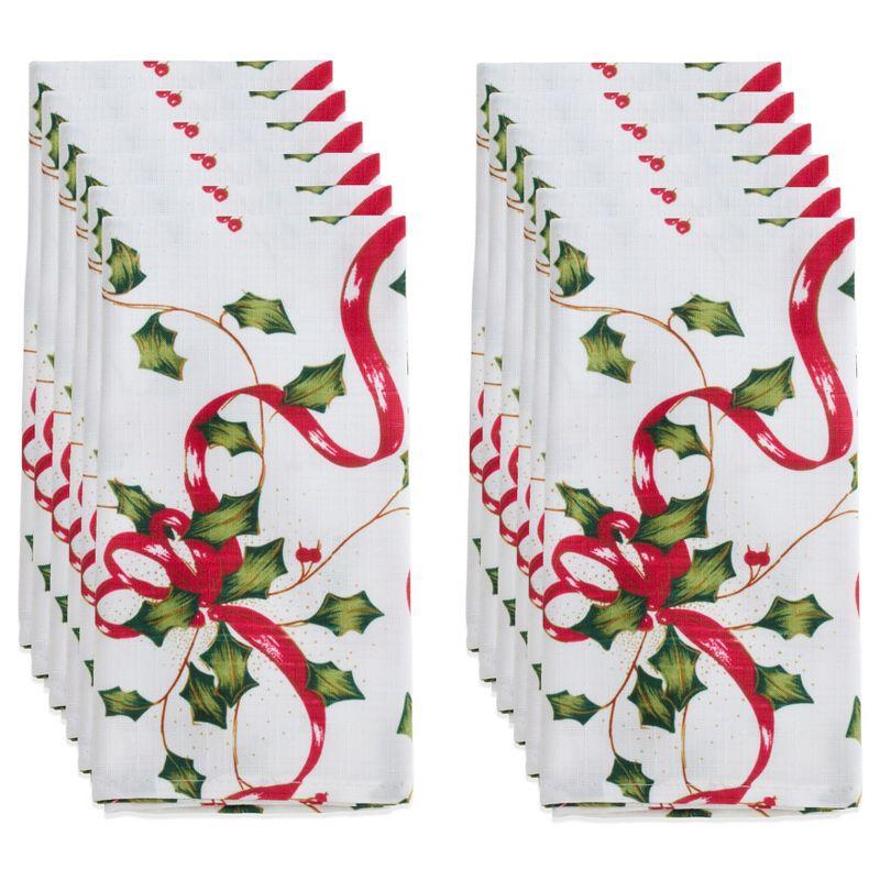 Holly and Ribbon Christmas Table Napkins Set of 12, Multicolor Polyester