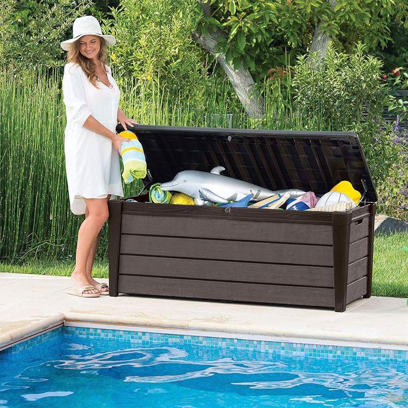 Keter Brushwood 120 Gallon Outdoor Deck Storage Box, Lockable Patio and Garden Furniture Container for Yard Tools and Pool Accessories, Brown