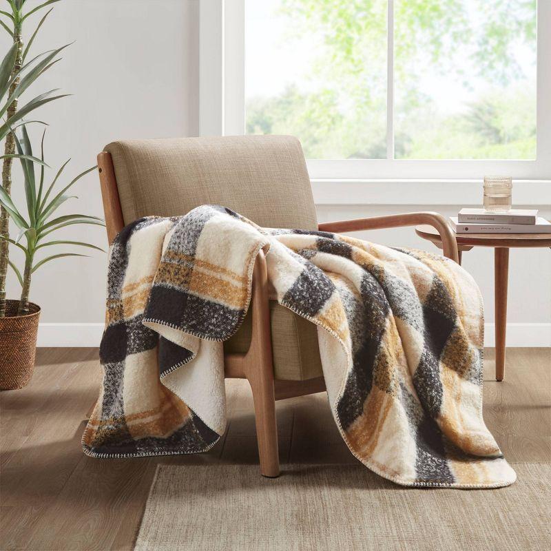 50"x60" Tan Plaid Faux Mohair Sherpa Reversible Throw Blanket