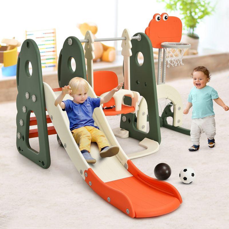 Costway 6 in 1 Toddler Slide and Swing Set Climber Playset w/ Ball Games White\Orange