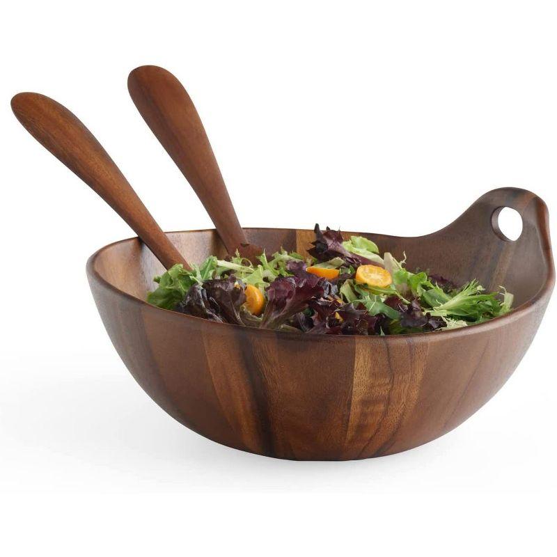 Nambe Portables Wood Salad Bowl with Servers, 3-Piece Set, Acacia Wood Large Salad Bowl, Mixing Bowl with Wooden Serving Spoons,11 Inch