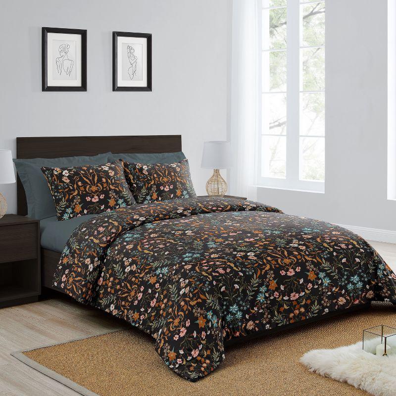 Boho Floral Wildflower Black And Orange Twill Floral Duvet Cover Set (Set of 3)