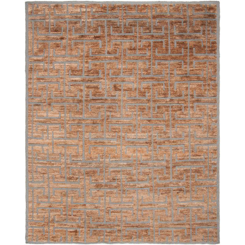 Gray Geometric Hand-Knotted Wool and Viscose 8' x 10' Rug