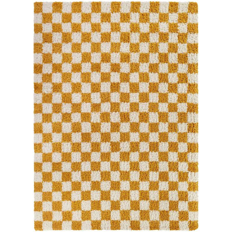 Yellow and White Checkered Shag Rug, 8' x 10', Synthetic