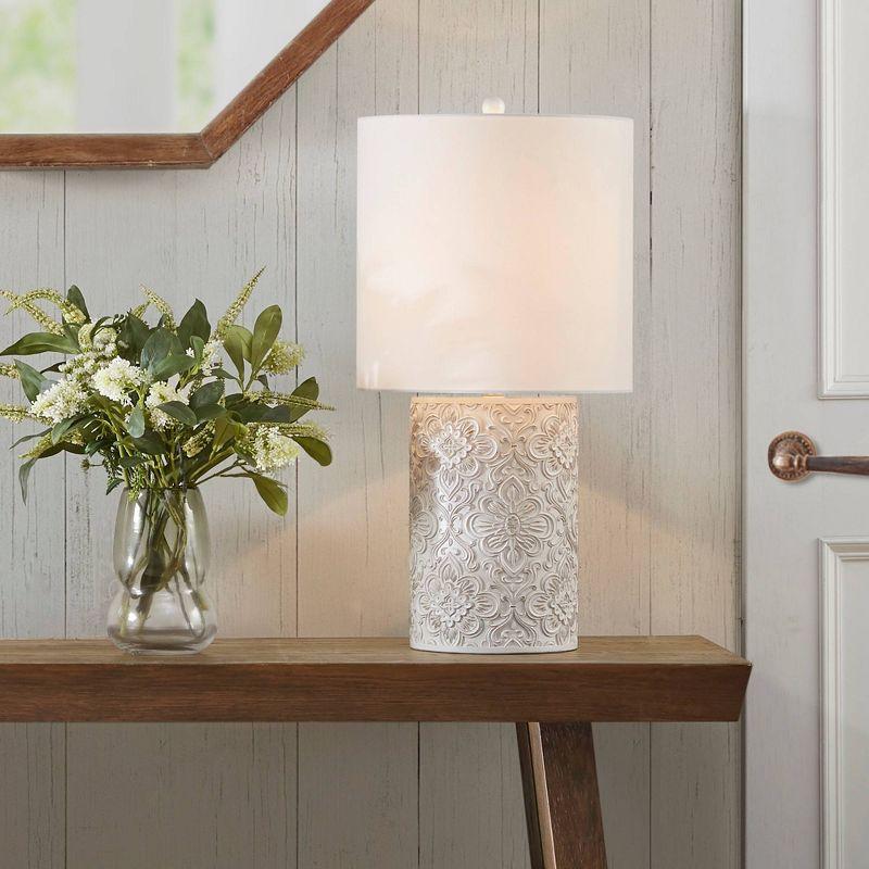 Ink+Ivy Ashbourne Embossed Floral Resin Table Lamp (Includes LED Light Bulb) Ivory : Elegant Nightstand & Decorative Cylinder Shade