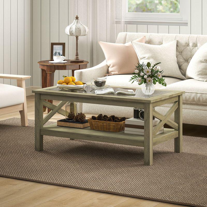 HOMCOM Farmhouse Style Coffee Table with Wood Frame, Tempered Glass Tabletop and Underneath Storage Shelf for Living Room, Gray