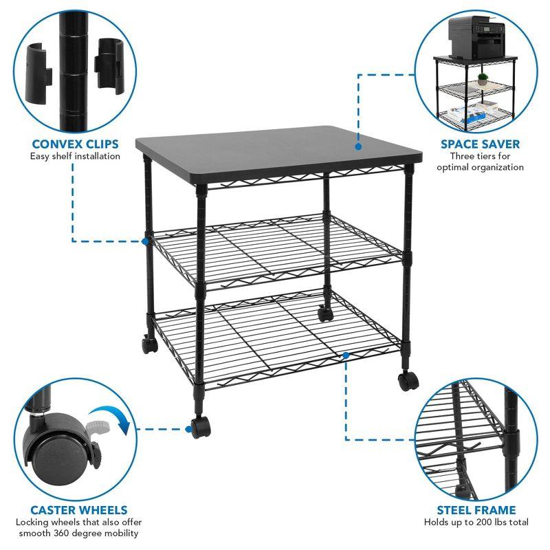 Mount-It! Printer Stand w/ Rolling Wheels, 3-Tier Large Printer Cart w/ Storage Shelves For 3D & Laser Printer, Scanner, Heat Press, 200 Lbs. Capacity