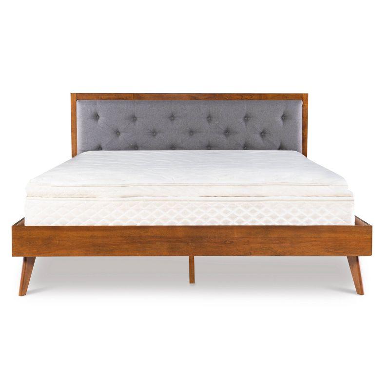 King Reid Mid-Century Platform Bed in Walnut Finish with Tufted Headboard in Gray Fabric - Linon: Upholstered Polyester, No Box Spring Needed